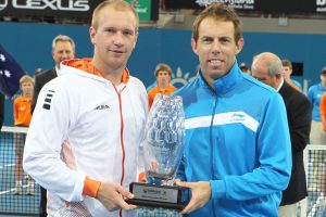 The 2011 Brisbane International men's doubles champions, Paul Hanley and Lukas Dlouhy.