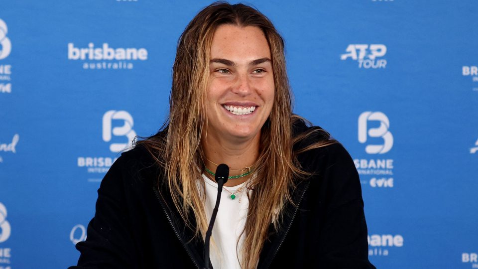 Aryna Sabalenka talks to the media in Brisbane.