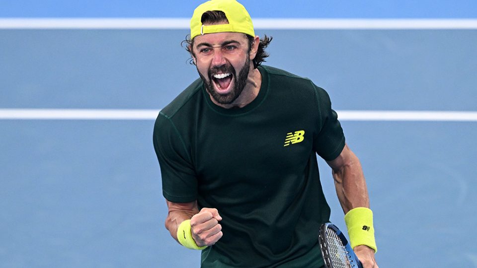 Jordan Thompson celebrates victory over Matteo Berrettini in the first round of the 2025 Brisbane International on Monday. Photo: Getty Images