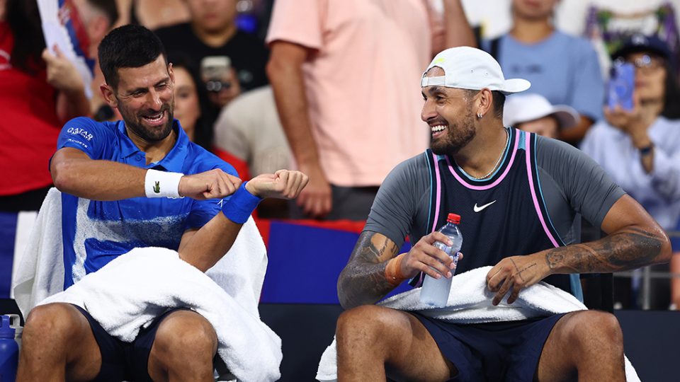 Novak Djokovic and Nick Kyrgios on their way to victory over Andreas Mies and Alexander Erler in first-round men's doubles action at the 2025 Brisbane International. Photo: Getty Images