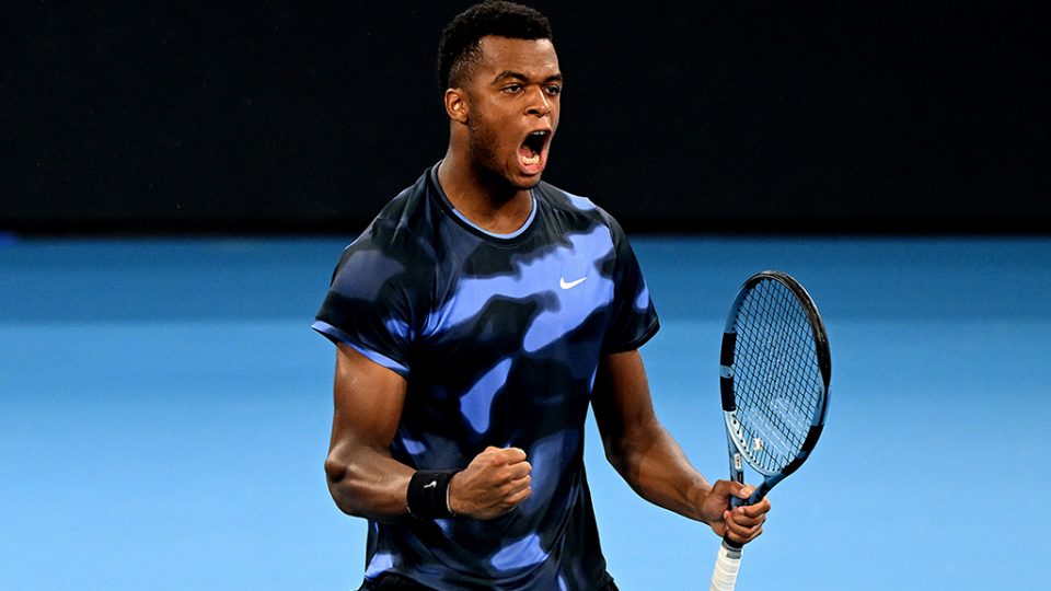 Giovanni Mpetshi Perricard celebrates victory aover Nick Kyrgios in the first round of the 2025 Brisbane International at Pat Rafter Arena on Tuesday. Photo: Getty Images