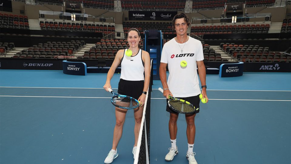 Brisbane International wildcard recipients Kimberly Birrell (L) and Adam Walton at Pat Rafter Arena.