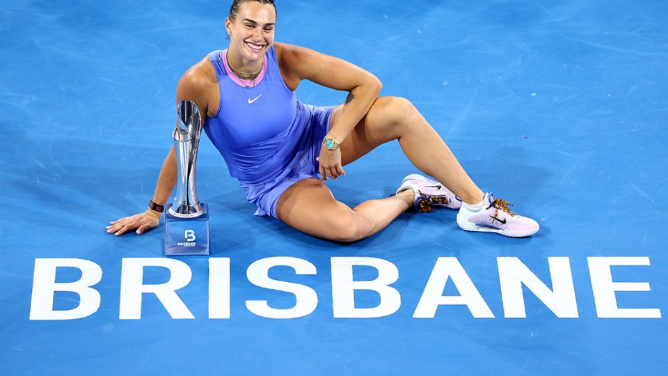 Aryna Sabalenka with the trophy after winning the women’s singles final against Polina Kudermetova at the 2025 Brisbane International. Photo: Getty Images